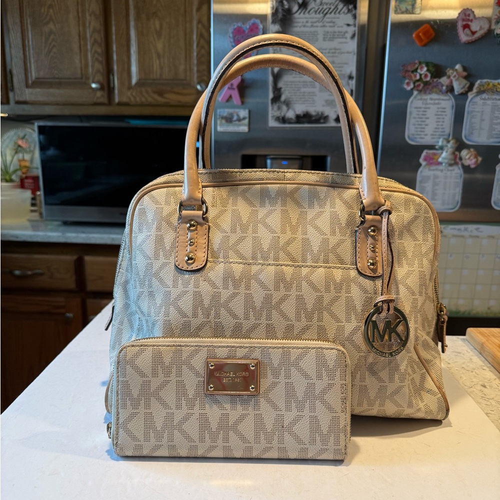 Michael Kors Cream Dotted Monogram Canvas Coat Leather Satchel,Tote , Clutch